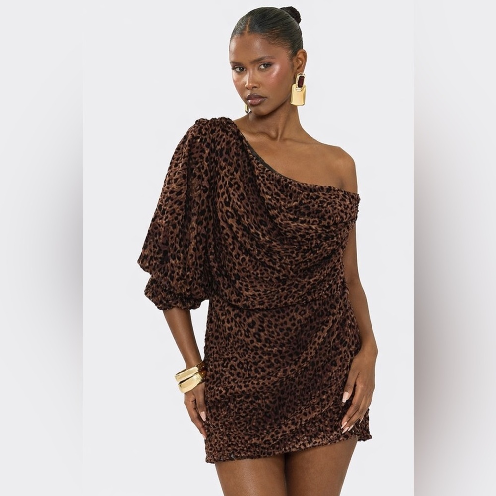 Camila Coelho Pilar Mini Animal Print Dress One Sleeve XS